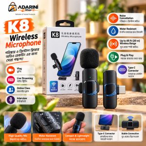 K8 Wireless Lavalier Microphone – Plug & Play Omnidirectional Clip-On Mic with Noise Cancellation