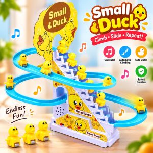 Electric Small Duck Climbing Stairs Toy – Musical Slide Track Game with 9 Cute Yellow Ducks, Flashing LED Lights, Safe ABS Plastic Interactive Educational Toy & Perfect Kids Gift